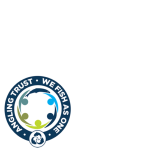 Get Fishing | Angling Trust We Fish As One logo - this is a circular arrangement of icons representing humans supporting each other with a fish shape taken from the Angling Trust logo -scaled down to overlay images