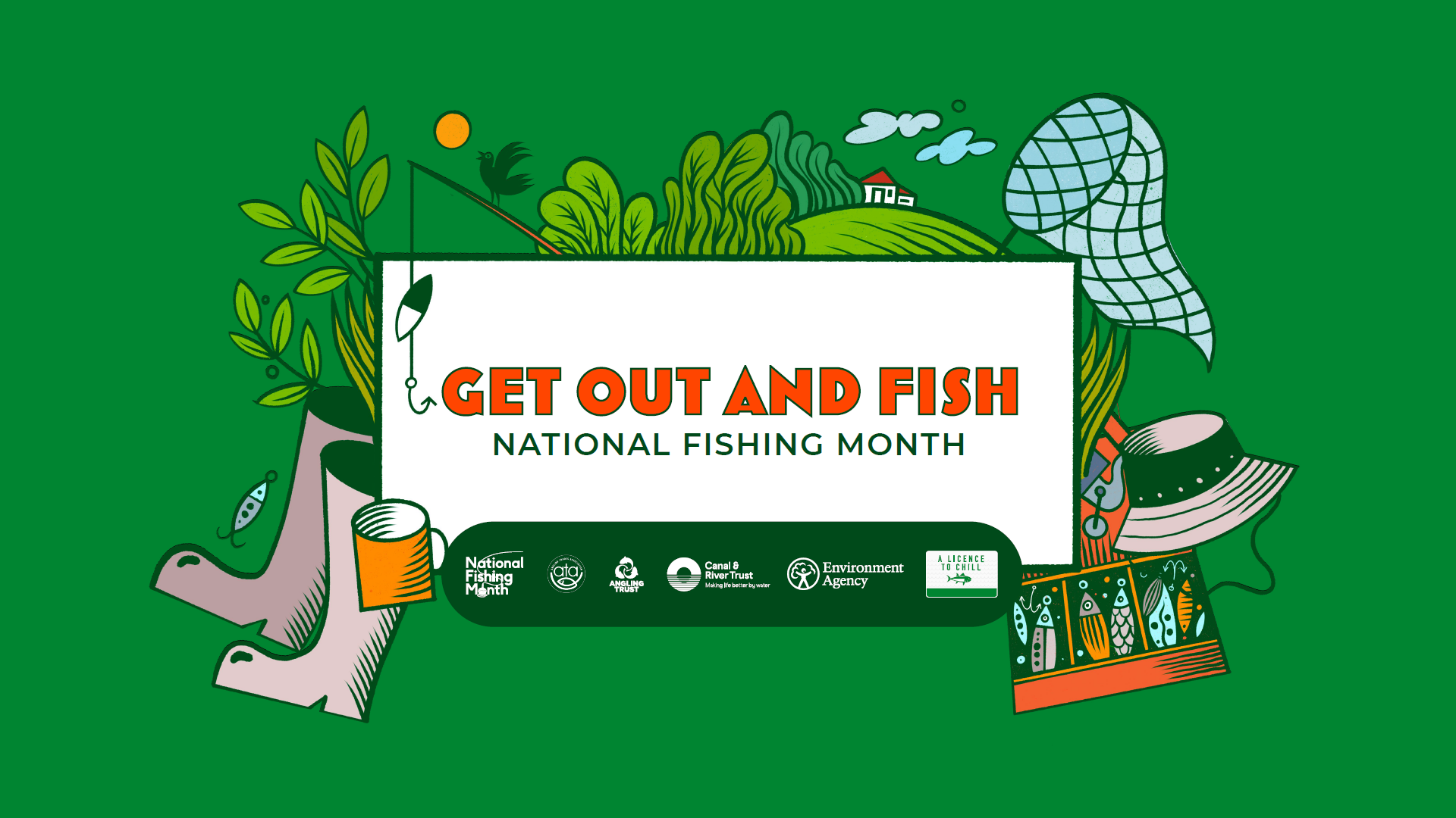 National Fishing Month illustration with leaves, a hat, a fishing net and wellies